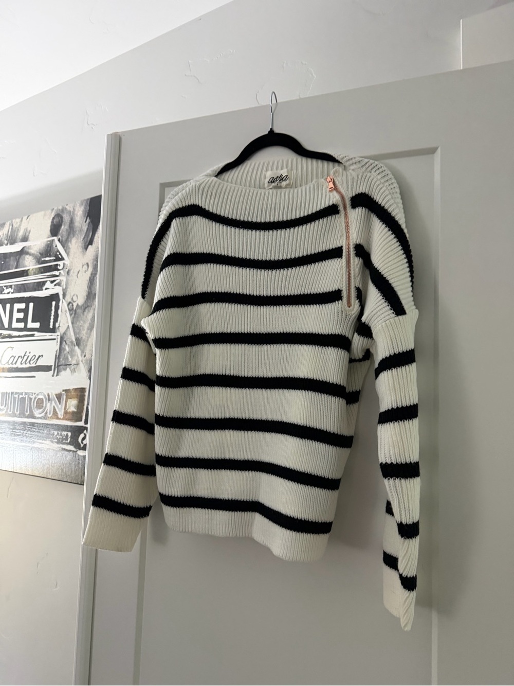 Striped Crewneck Sweater with Decorative Zip in White and Black
